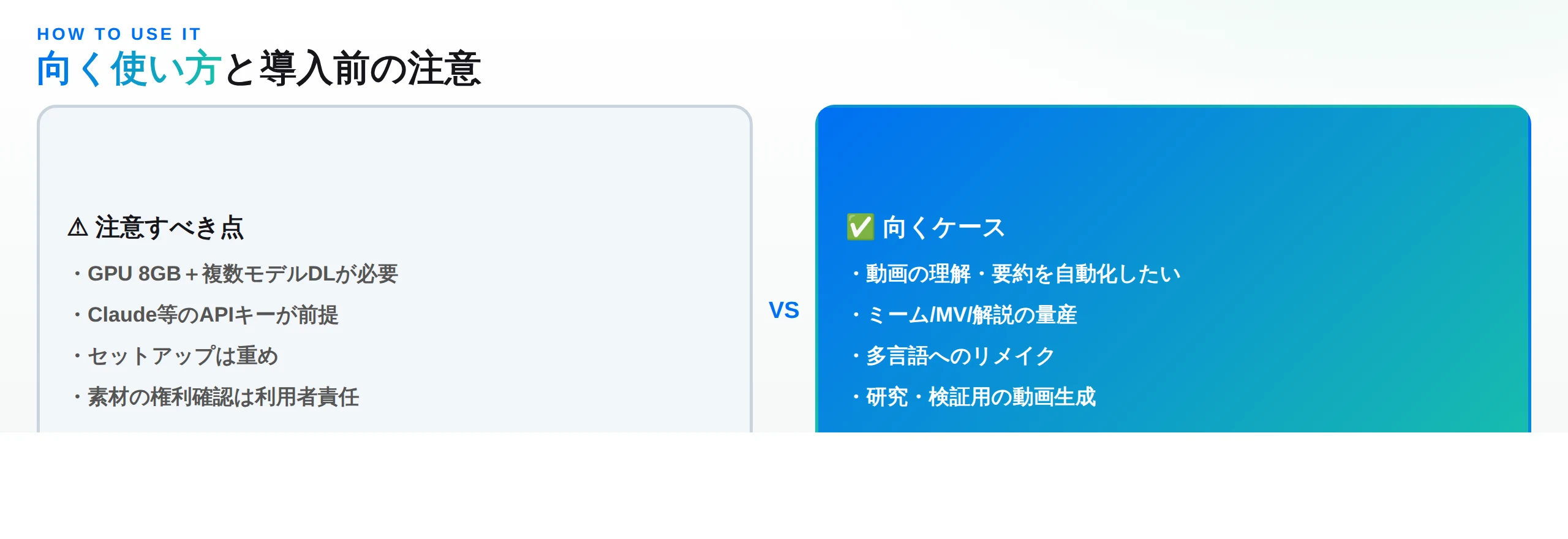 VideoAgentの向く使い方と注意点：量産・多言語化に向く一方、GPU・APIキー・権利確認が必要