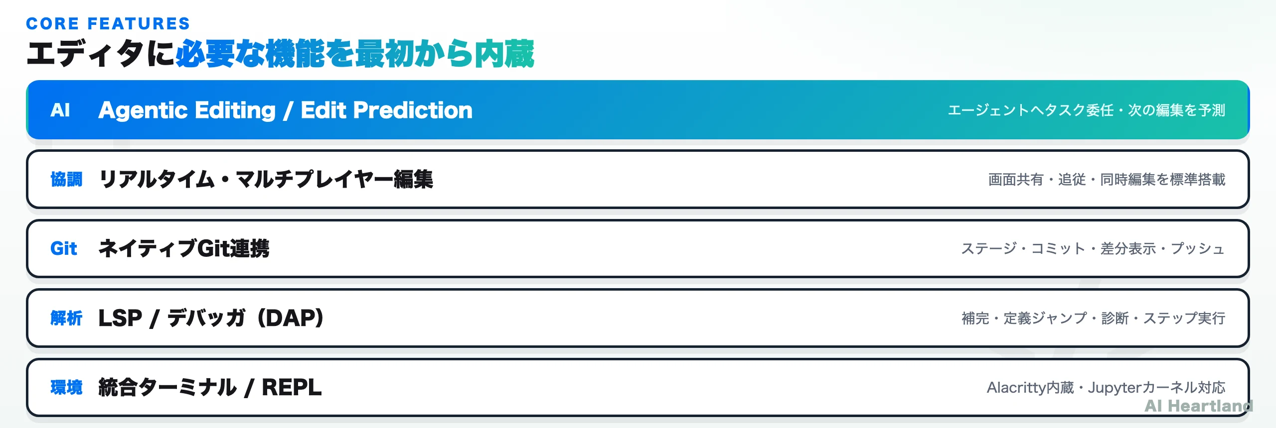Zedの主要機能：Agentic Editing/Edit Prediction、協調編集、ネイティブGit、LSP/デバッガ、統合ターミナル/REPLを内蔵