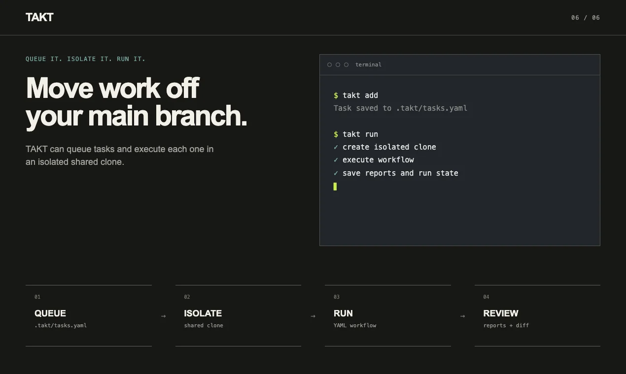 タスクをキューに積み、隔離環境で実行し、レポートとdiffでレビューするまでの4段階。QUEUE→ISOLATE→RUN→REVIEW