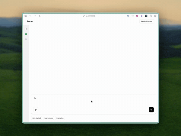 tamboのGenerative Componentsのデモ。ユーザーの発話に応じてチャートやカードが実行時に一度描画される様子