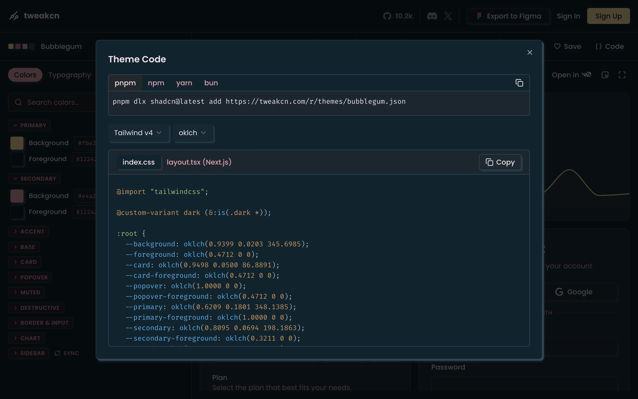 tweakcnのTheme Codeパネル。shadcnレジストリのインストールコマンドと、:rootのCSS変数が表示されている